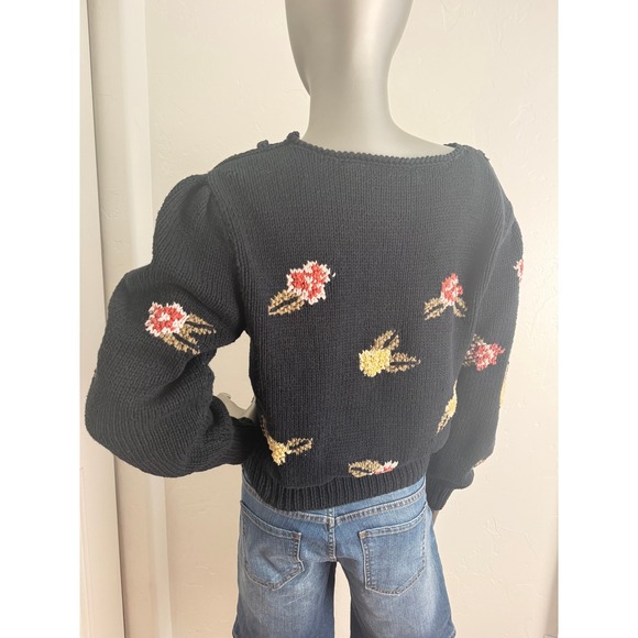 Vintage 90s Liz Claiborne Hand Knit Floral Puff Sleeve Whimsygoth Sweater S - Picture 4 of 7